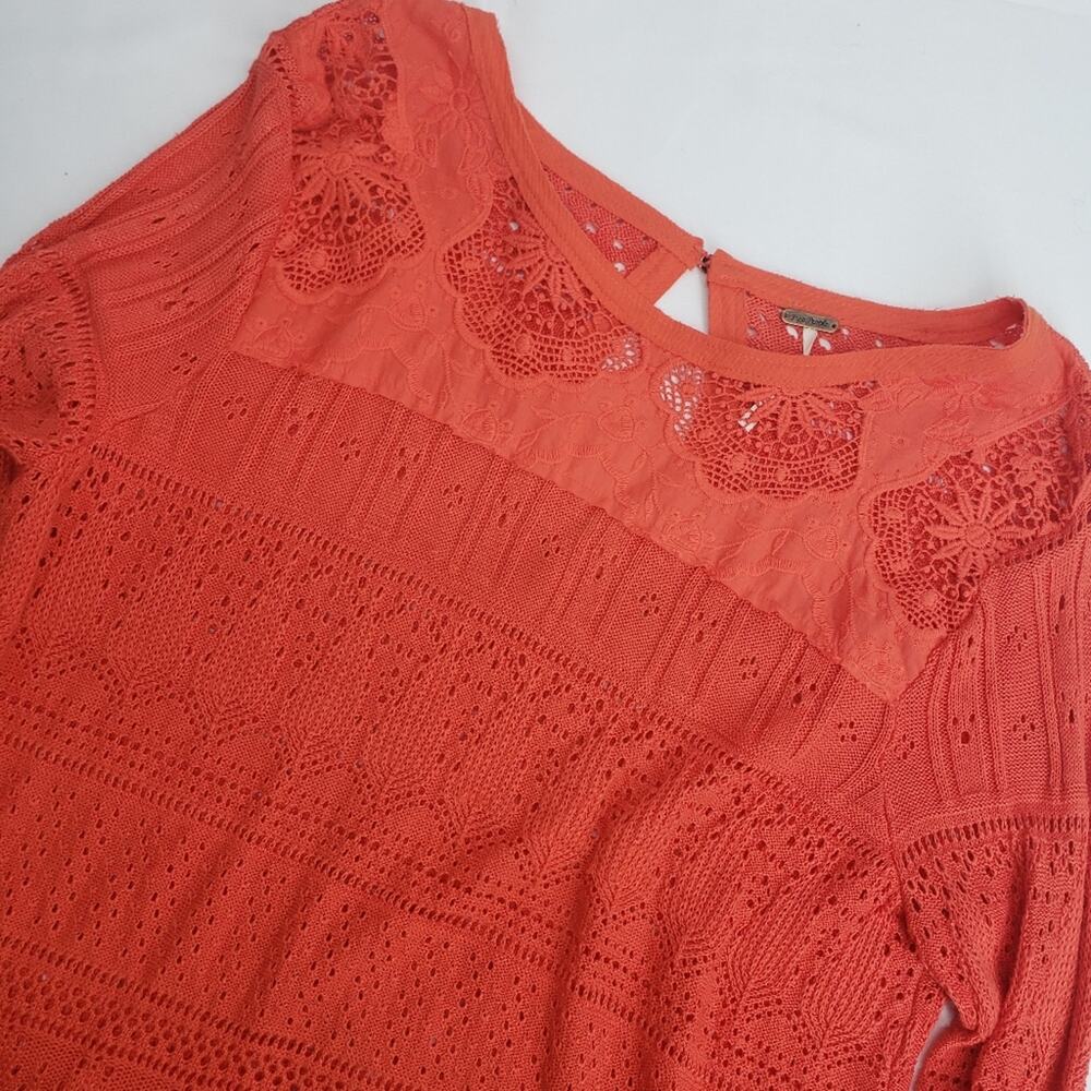 Free people once upon a time crochet bell sleeve eyelet shirt orange M